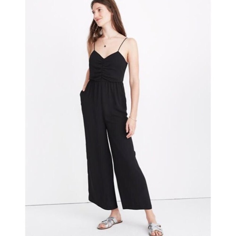 Madewell Jumpsuit Tall Ruched Wide Leg Black Size 6T Spaghetti Starps